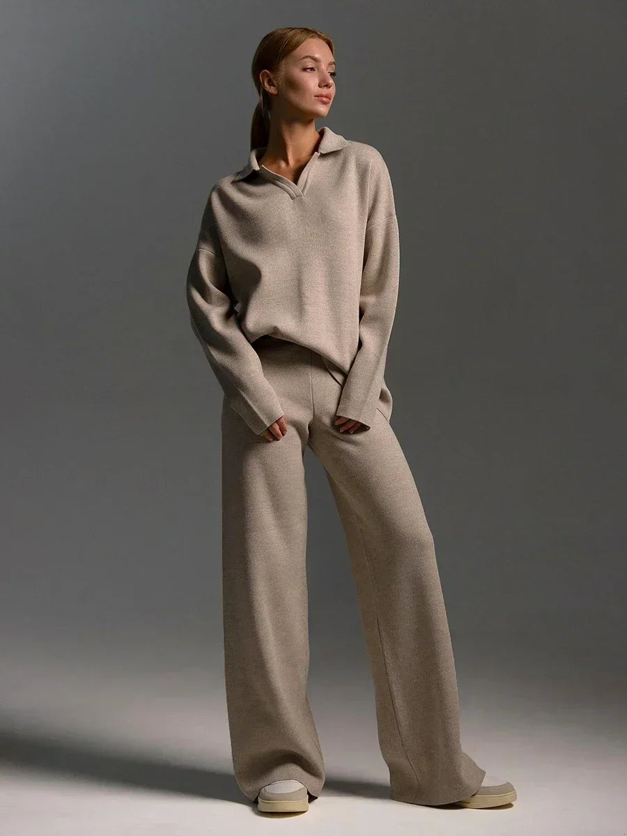 Collared Knit Sweater & Wide Leg Pants Co-Ord Set | Long Sleeve Two Piece Casual Outfit | Chic Fall & Winter Matching Set