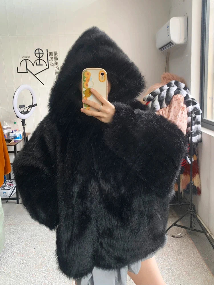 Oversized Faux Fur Hooded Coat, Plush Fuzzy Winter Jacket with Relaxed Fit, Cozy Cold Weather Outerwear