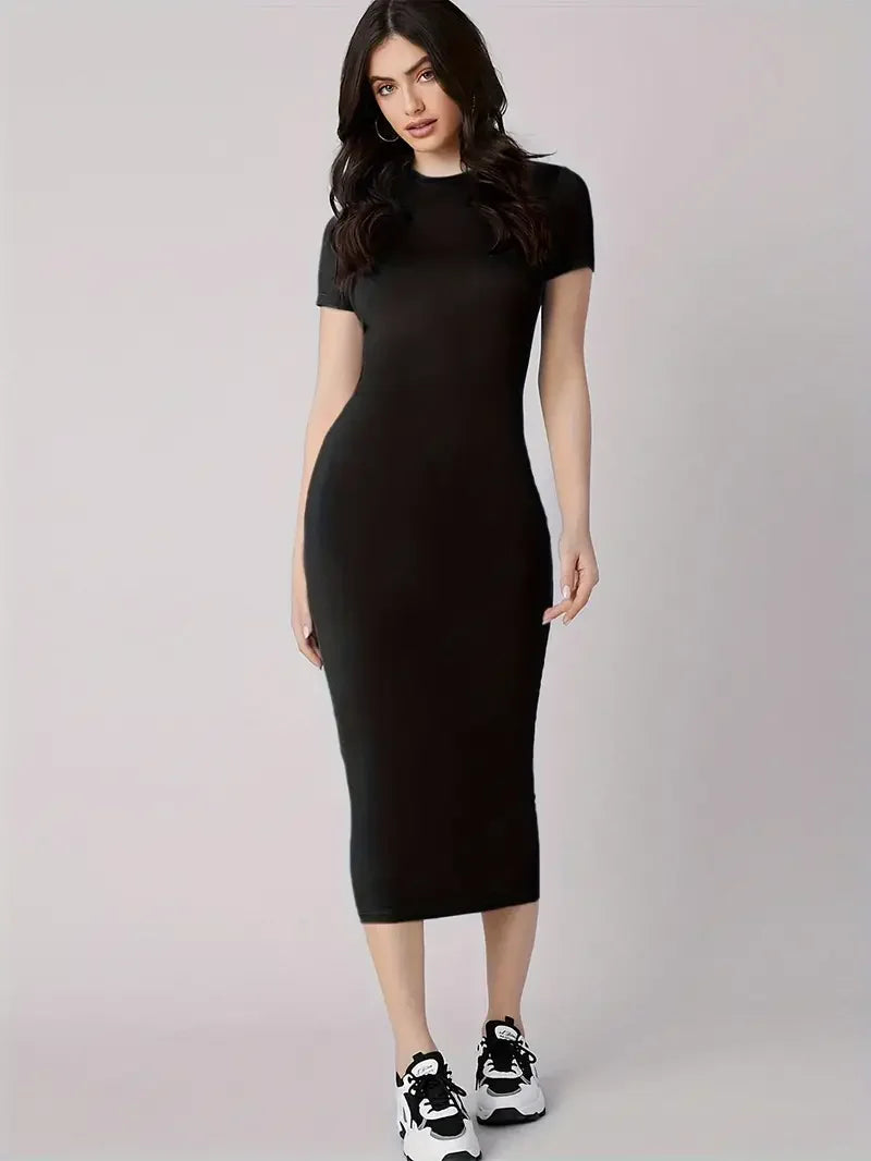 Short Sleeve Bodycon Midi Dress – Crew Neck Fitted Dress with Minimalist Design, Stretch Fabric and Elegant Slim Silhouette