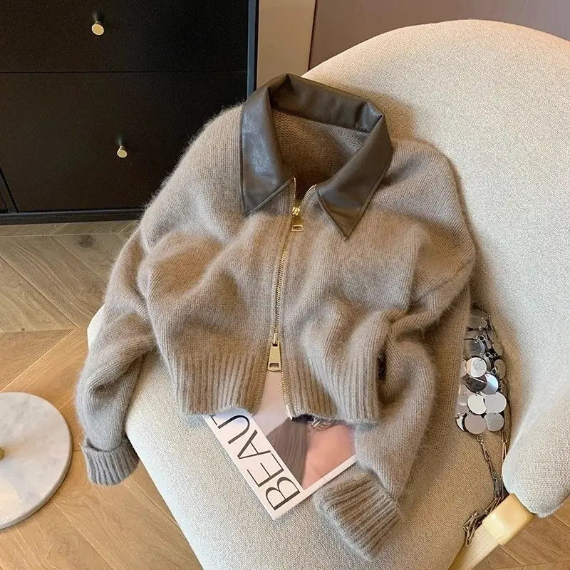 Cropped Knit Jacket, Zip-Up Sweater with Faux Leather Collar and Ribbed Trim, Cozy Casual Cardigan for Fall Winter