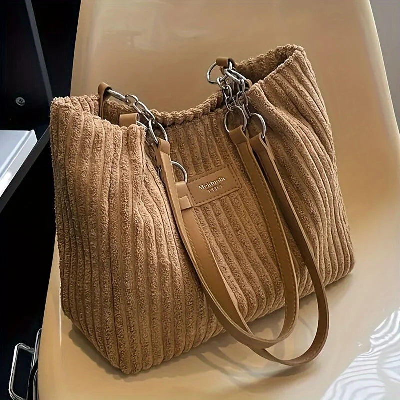 Ribbed Bucket Tote Bag, Casual Shoulder Handbag with Drawstring Closure, Spacious Slouchy Purse with Front Pocket for Shopping & Everyday Use