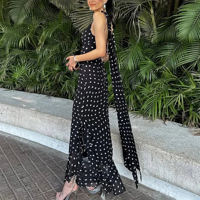 Polka Dot Maxi Dress – Spaghetti Strap Dress with Fitted Bodice, Ruched Waist and Flared Mermaid Skirt for Vacations & Summer Events
