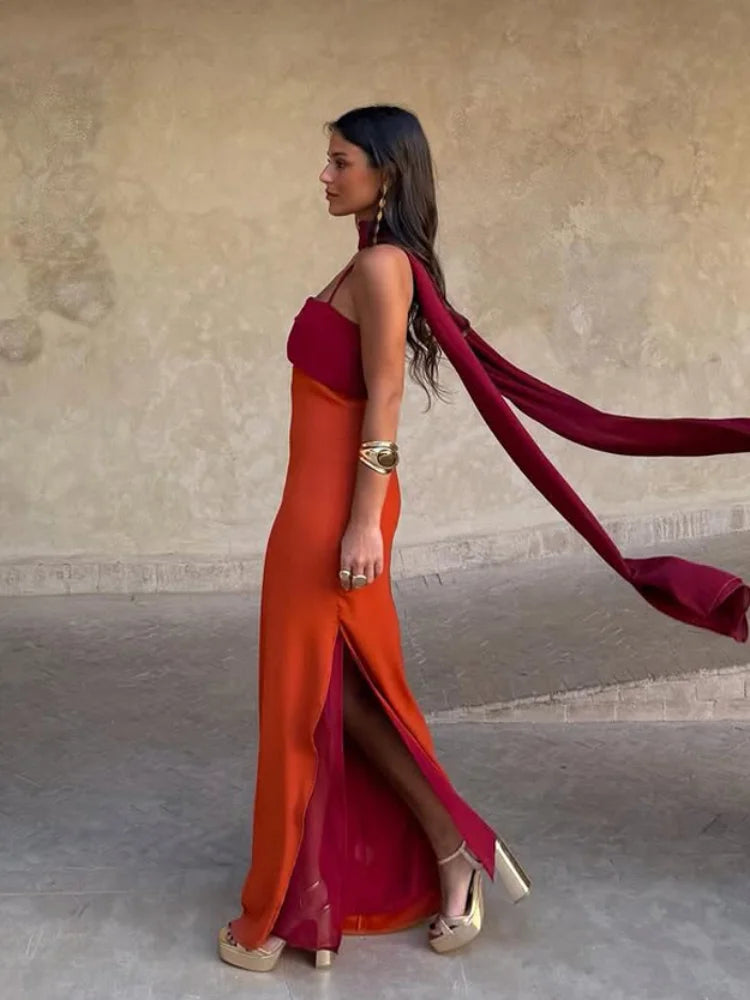 Halter Maxi Dress – Strapless Draped Dress with Open Side Slit, Long Scarf Detail and Flowing Floor-Length Silhouette