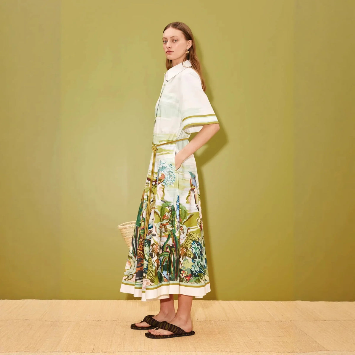 Printed Midi Dress – Collared Short Sleeve Shirt Dress with Button Front, Defined Waist and Flared Skirt for Vacations & Casual Events