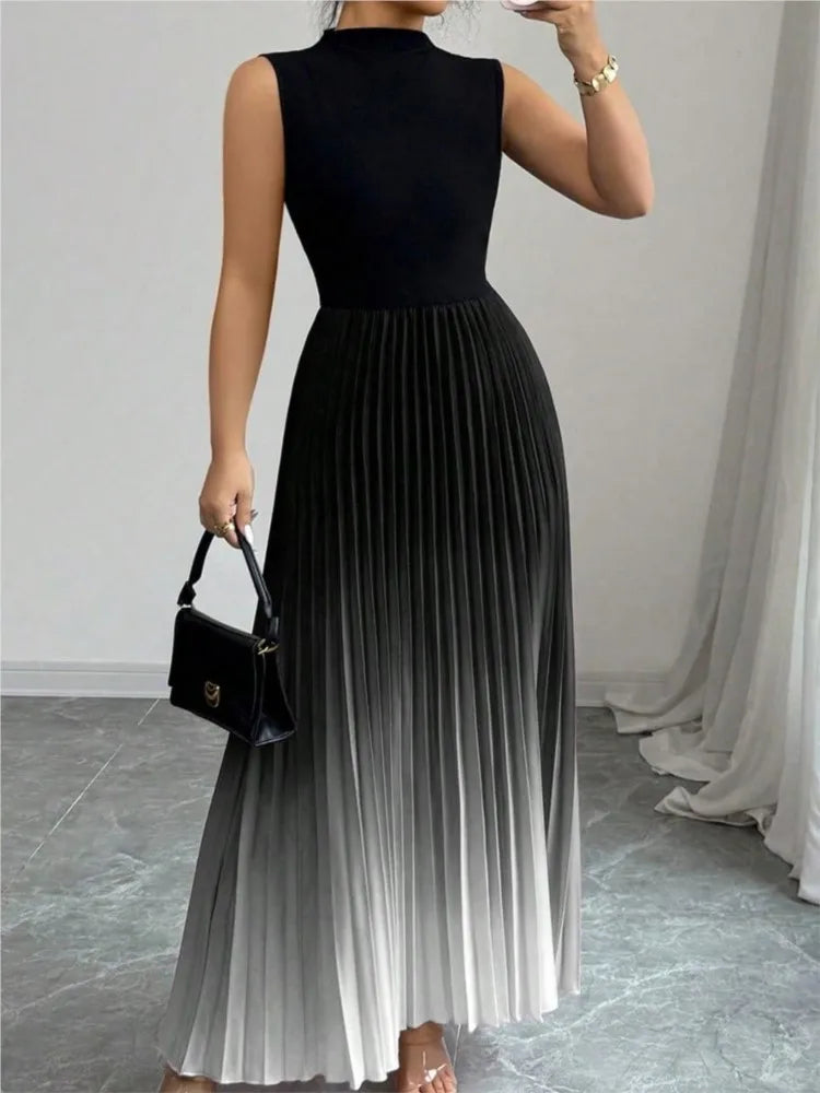 Pleated Maxi Dress – Sleeveless Fitted Bodice Dress with High Waist and Flowing Accordion Pleated Skirt for Parties & Evening Events