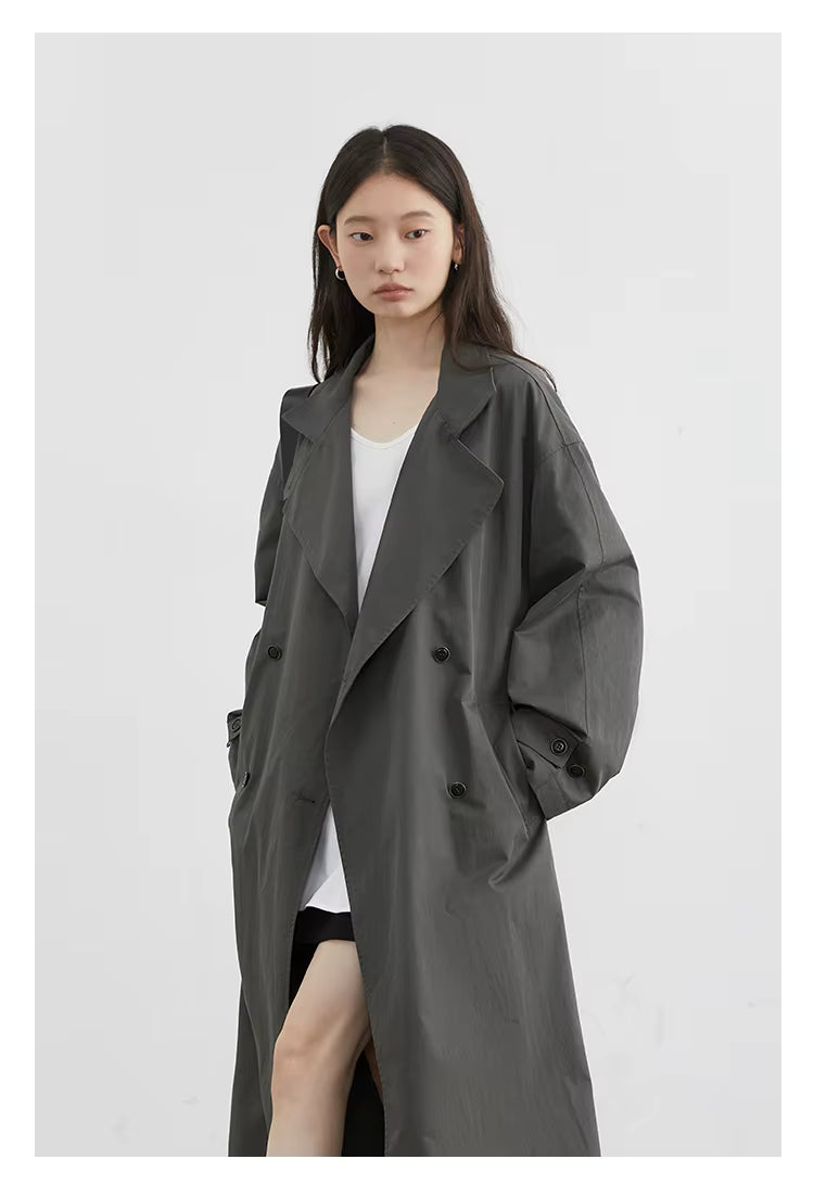 Classic Double-Breasted Trench Coat, Longline Coat with Wide Lapels and Adjustable Cuffs, Elegant Minimalist Transitional Outerwear