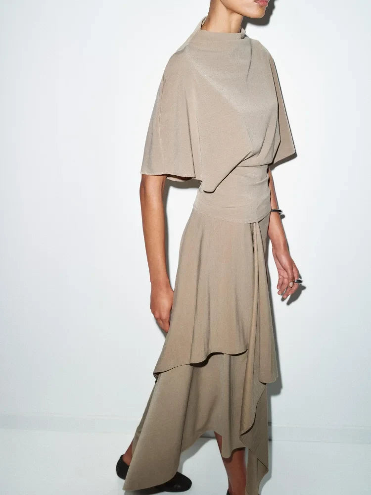 High Neck Draped Top & Asymmetric Midi Skirt Co-Ord Set | Elegant Two Piece Outfit with Waist Tie | Chic Formal & Occasion Wear