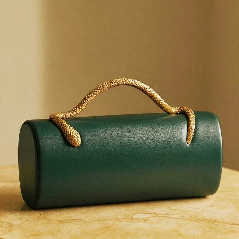 Vintage Barrel Handbag, Cylindrical Top Handle Purse with Braided Handle, Minimalist Structured Shoulder Bag for Dates, Parties & Everyday Use