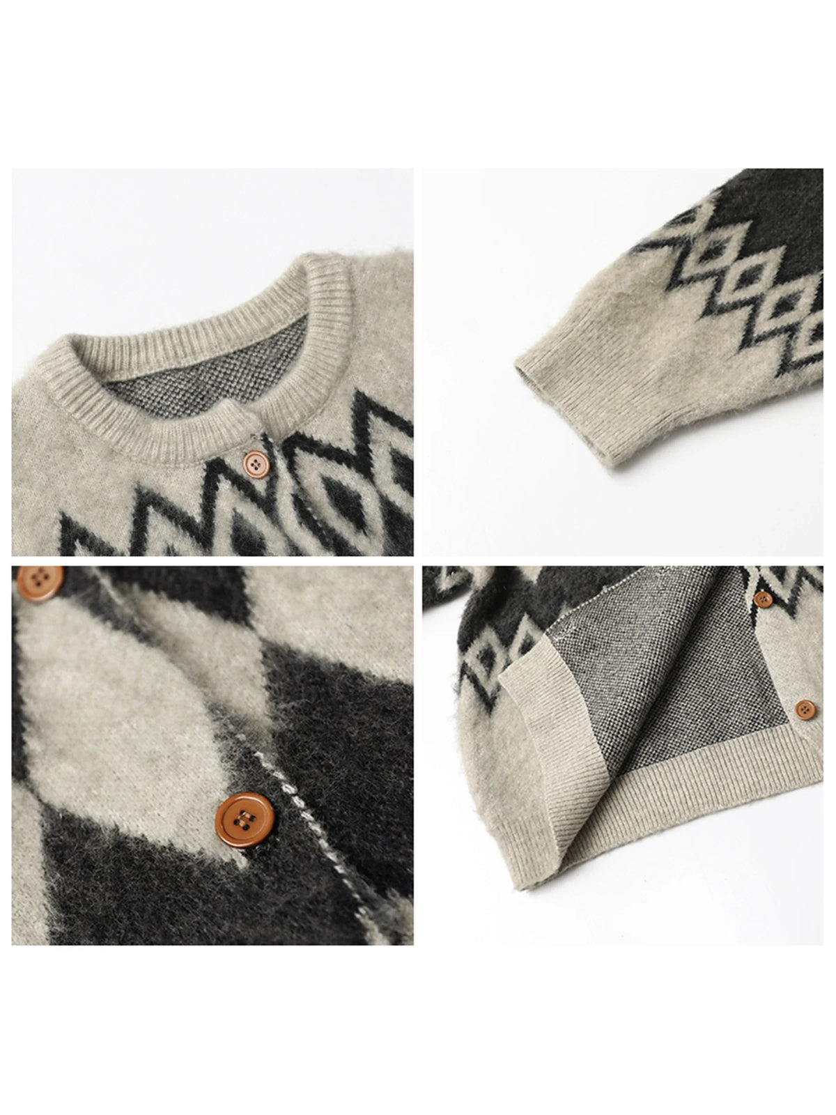 Argyle Knit Cardigan, Oversized Button-Up Sweater Jacket with Geometric Pattern and Balloon Sleeves, Cozy Fall Winter Outerwear