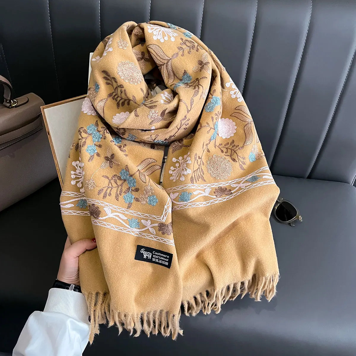 Women's Floral Shawl Wrap, Embroidered Look Botanical Print Scarf with Fringed Ends, Elegant Shoulder Wrap