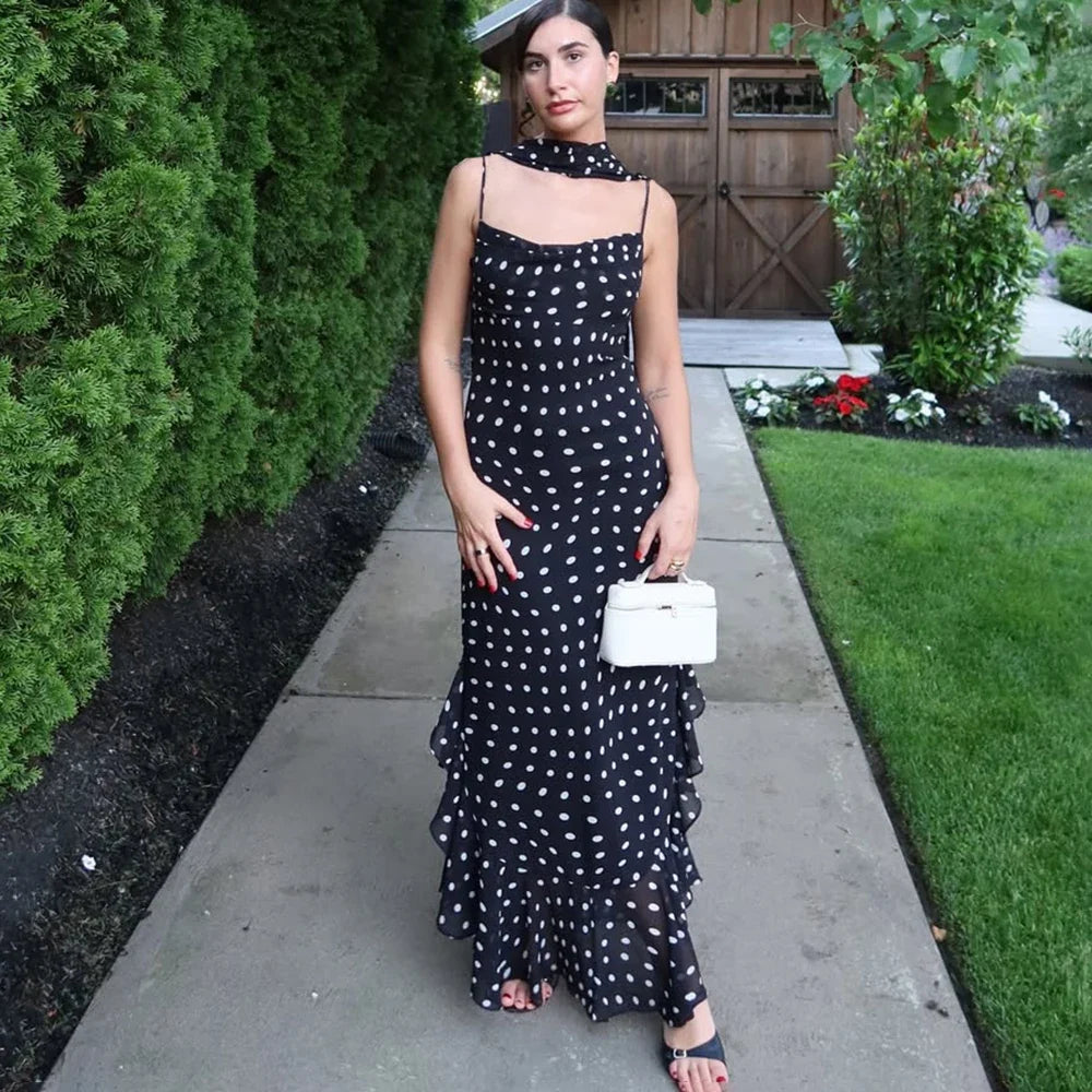 Polka Dot Maxi Dress – Spaghetti Strap Dress with Fitted Bodice, Ruched Waist and Flared Mermaid Skirt for Vacations & Summer Events