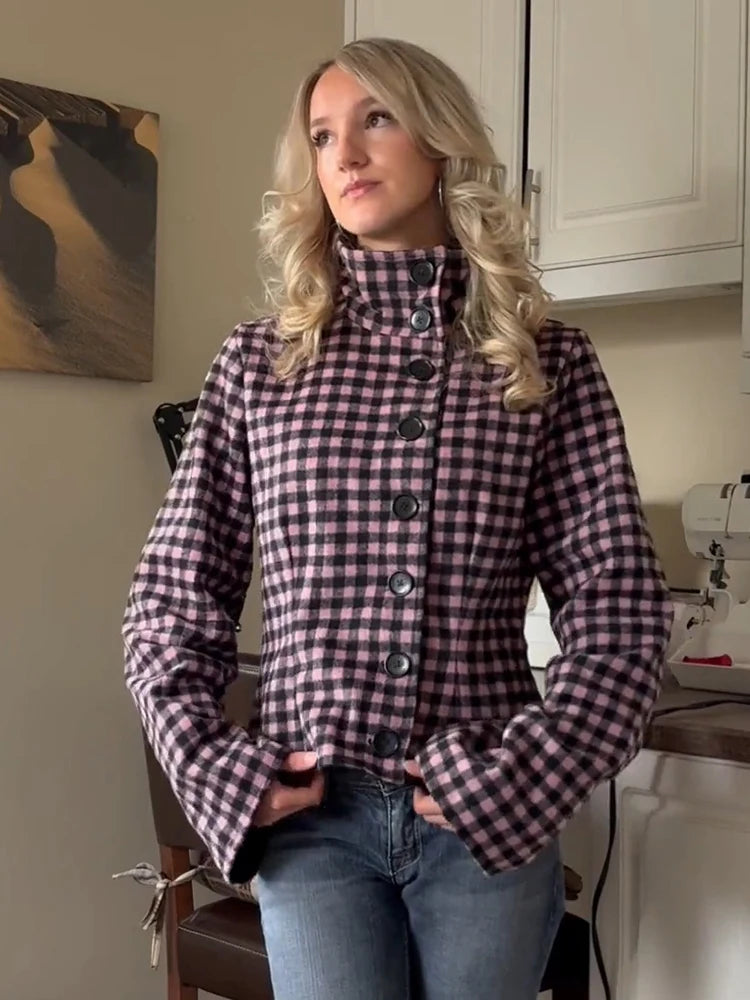 Plaid & Button Up Jacket – Women's Oversized Wool Look Shacket with High Collar, Long Sleeves and Classic Check Pattern