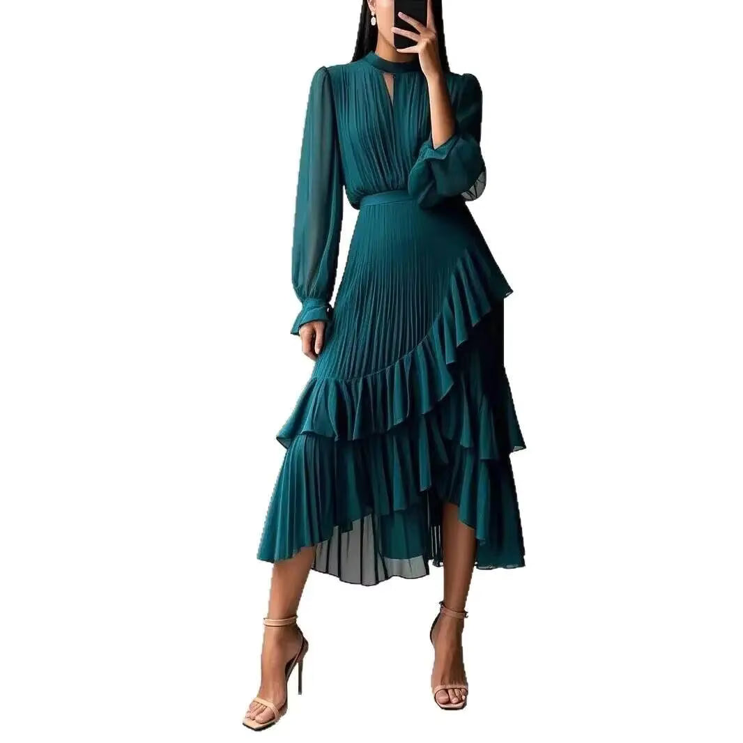 Pleated Ruffle Midi Dress – Long Sleeve Chiffon Dress with High Neckline, Keyhole Detail, Balloon Sleeves and Asymmetrical Tiered Hem