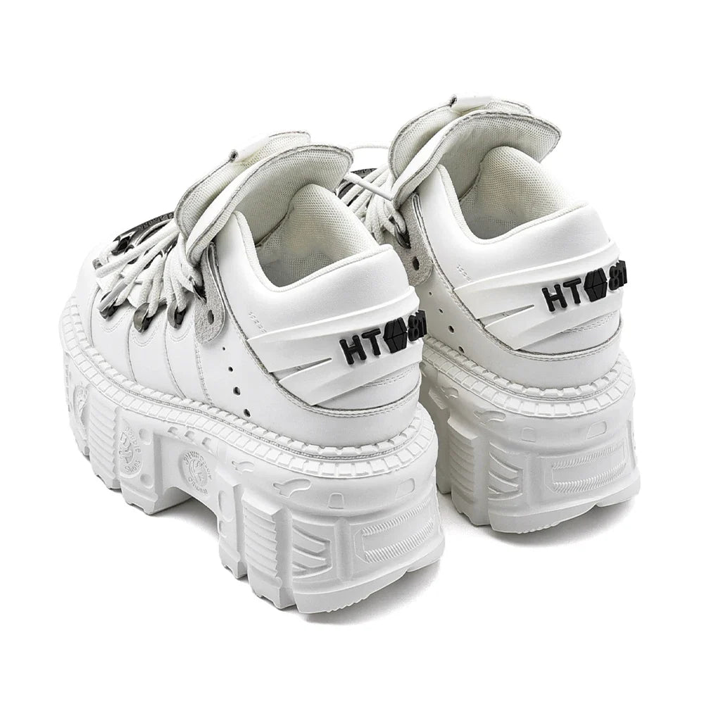 Women's White Platform Sneakers – Chunky Lace-Up Casual Walking Shoes, Goth Streetwear Platform Trainers for Everyday Fashion
