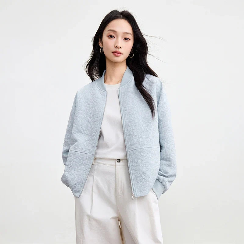 Quilted Bomber Jacket, Lightweight Zip-Up Jacket with Ribbed Collar and Cuffs, Relaxed Fit Casual Transitional Outerwear