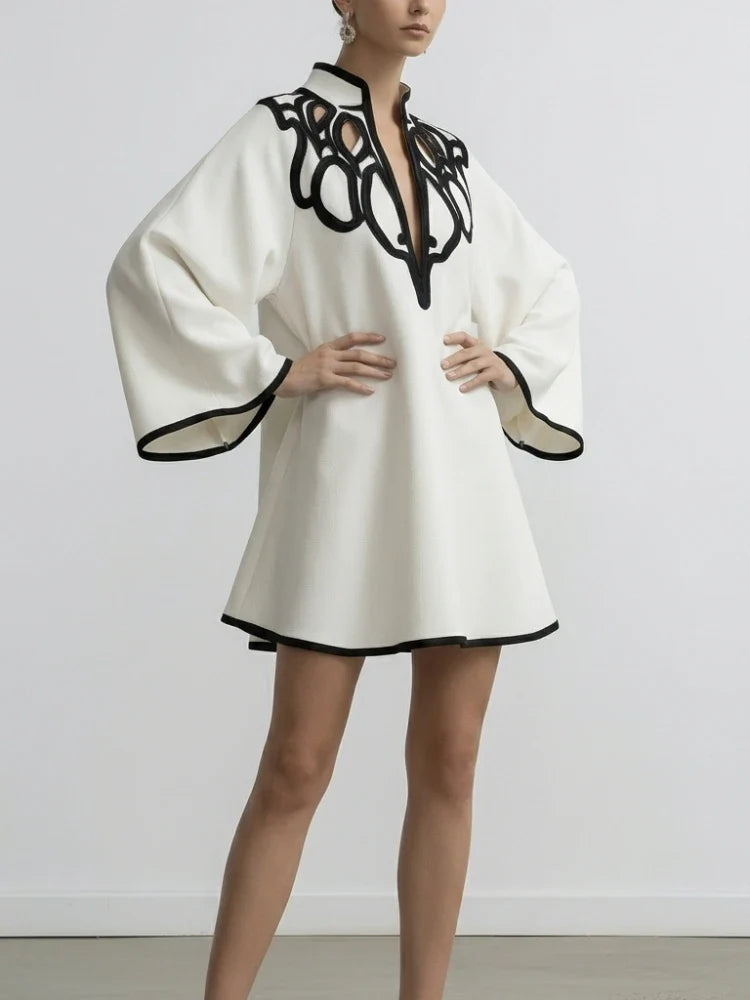 Cape Mini Dress – Long Sleeve A-Line Dress with Statement Collar, Contrast Trim and Flowing Silhouette for Parties & Special Occasions