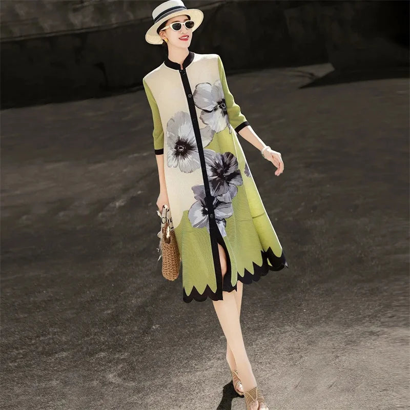 Floral Shift Midi Dress – Short Sleeve A Line Dress with Stand Collar, Front Button Closure, Contrast Trim and Scalloped Hem