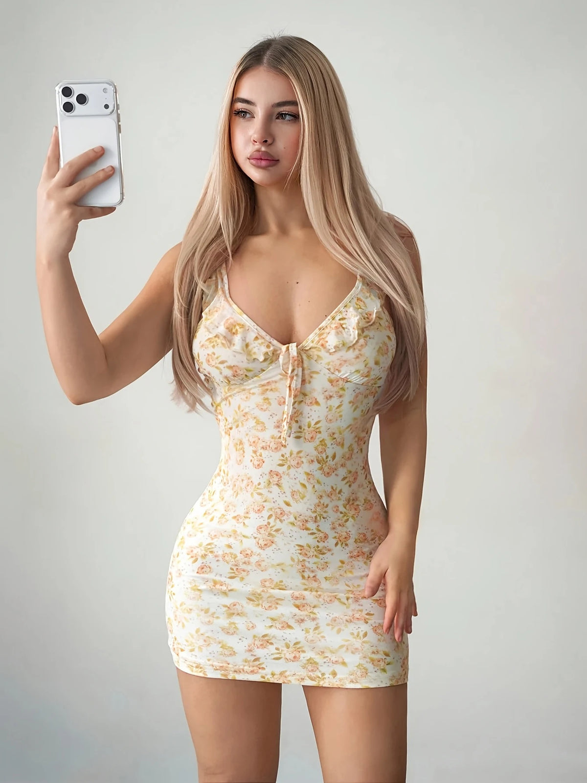 Floral Mini Dress – Sleeveless Bodycon Dress with V Neck, Lace Trim, Fitted Silhouette and Romantic Floral Print