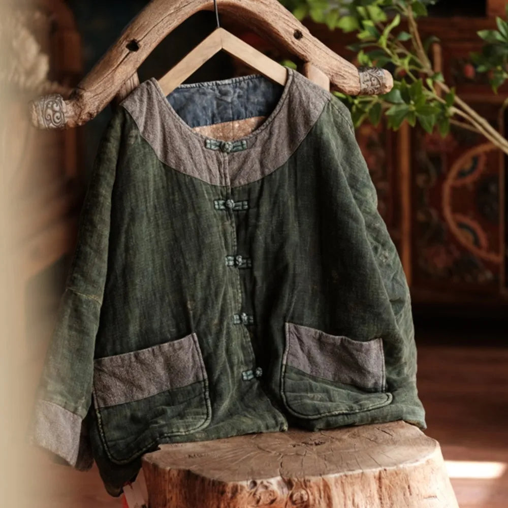 Boho Linen Jacket, Relaxed Button Front Jacket with Contrast Pockets and Vintage-Inspired Details, Casual Rustic Outerwear