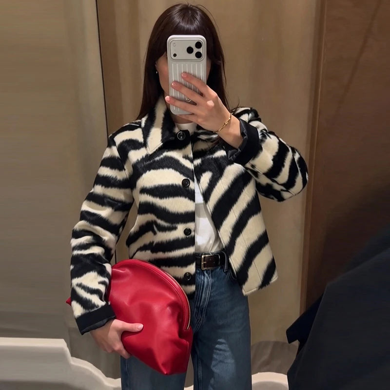 Zebra Print Jacket, Faux Fur Button Front Coat with Classic Collar and Relaxed Fit, Chic Statement Winter Outerwear
