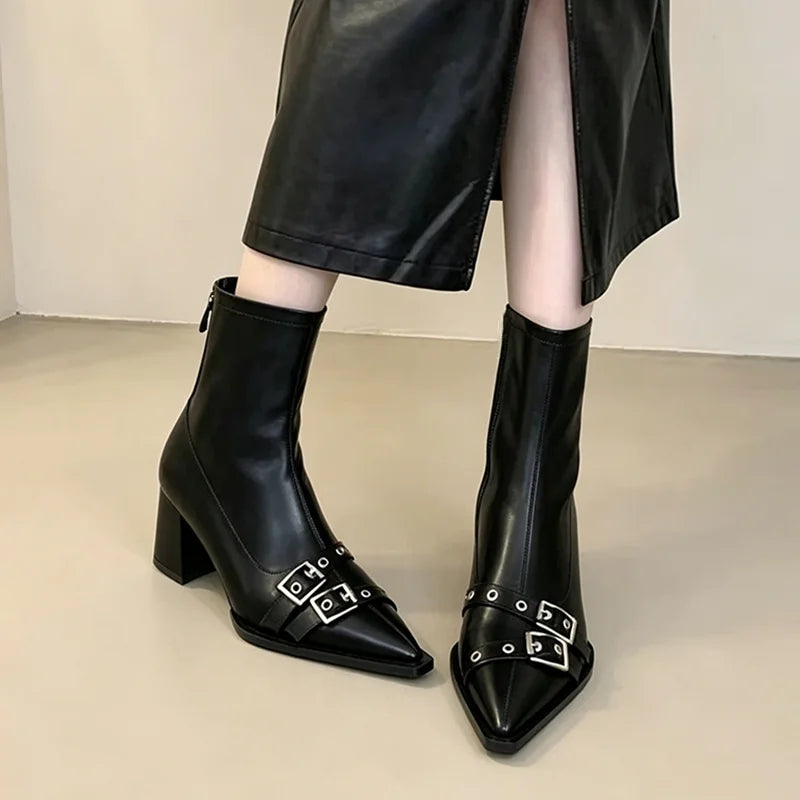 Pointed Toe Ankle Boots | Buckle Strap Block Heel Booties | Modern Zip-Up Fashion Boots