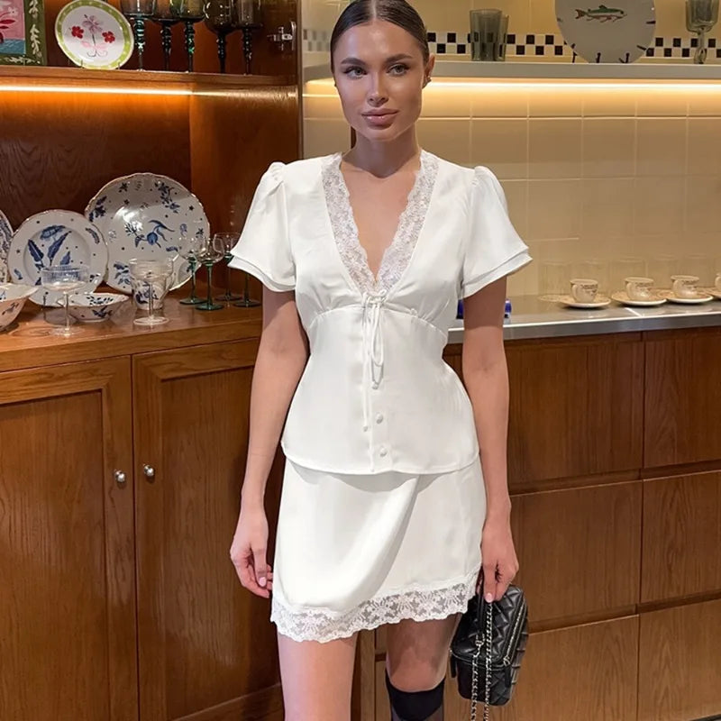 Lace Trim Blouse & Satin Mini Skirt Co-Ord Set | Short Sleeve Two Piece Outfit with V-Neck Detail | Chic Summer Date Night & Party Matching Set