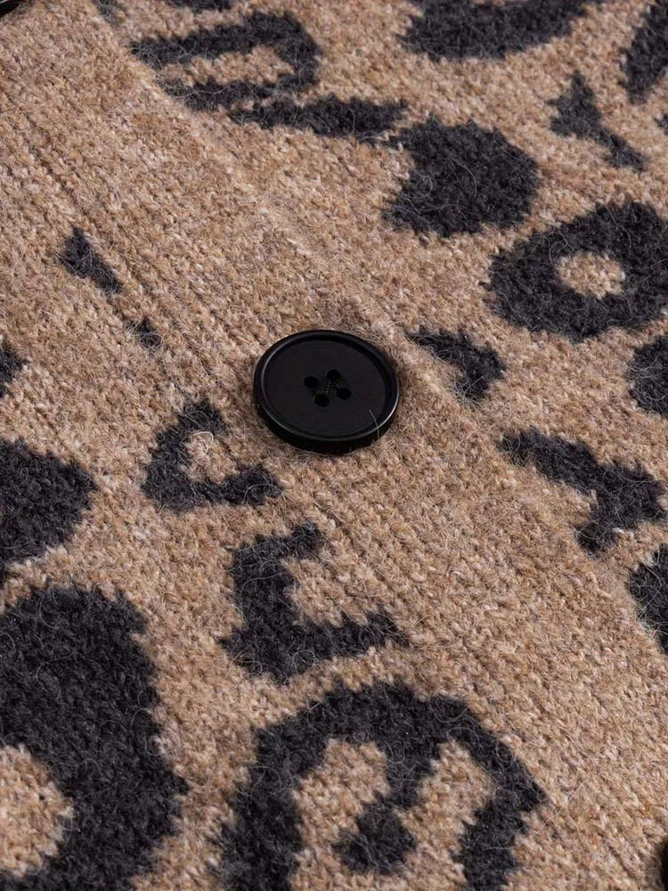 Leopard Print Knit Cardigan, V-Neck Button Front Sweater with Ribbed Trim, Animal Print Cozy Layering Top for Fall Winter