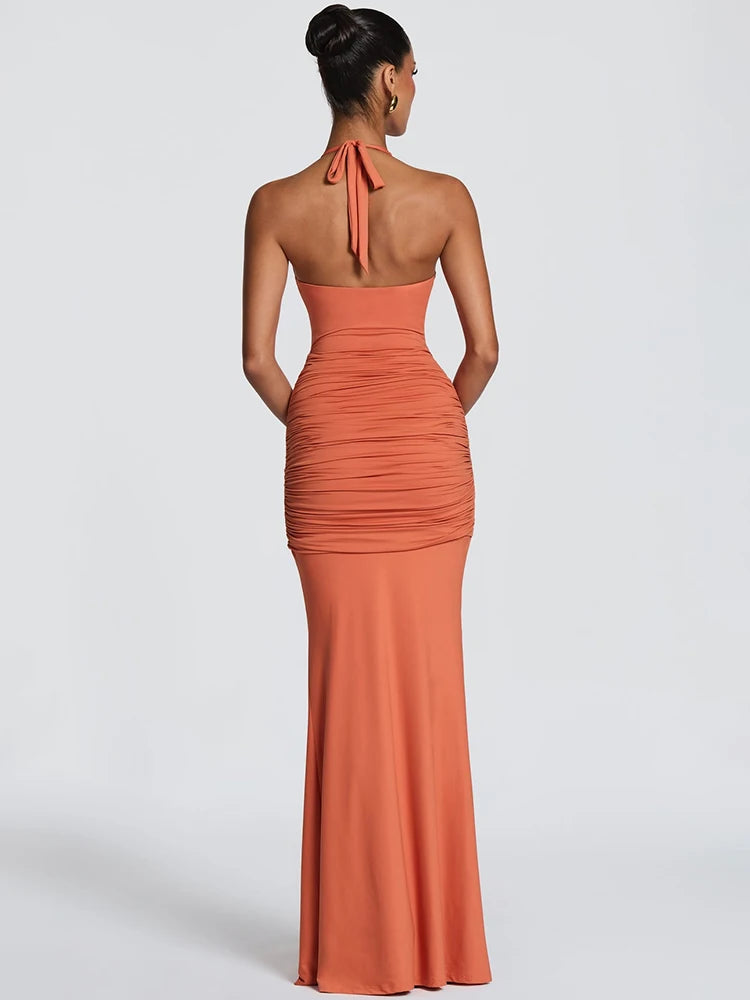 Ruched Cutout Maxi Dress – Sleeveless Halter Neck Dress with Adjustable Gathered Detail, Waist Cutouts and Mermaid Floor-Length Skirt