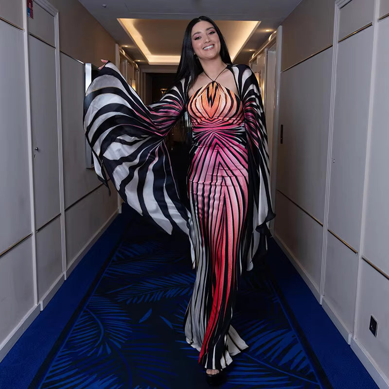 Printed Maxi Dress with Cape – Halter Neck Bodycon Gown with Abstract Stripes, Plunging Neckline and Flowing Shawl Overlay