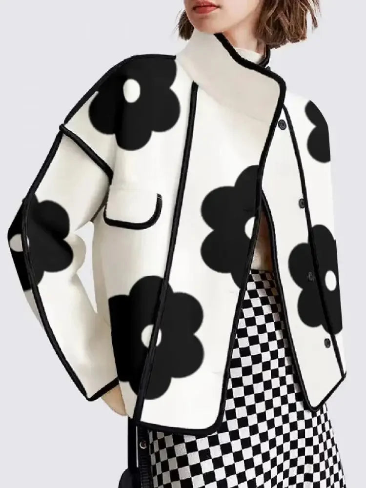 Floral Print Jacket, Statement Button-Up Jacket with Contrast Piping and Stand Collar, Contemporary Chic Casual Outerwear
