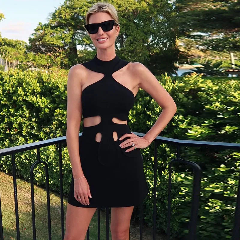 Cutout Maxi Dress – Sleeveless High Neck Bodycon Dress with Waist and Shoulder Cutout Details for Resort Wear, Parties & Events