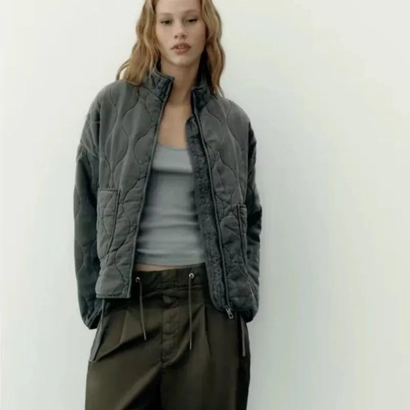 Quilted Jacket, Lightweight Padded Zip-Up Jacket, Relaxed Fit Stand Collar Casual Fall Winter Outerwear