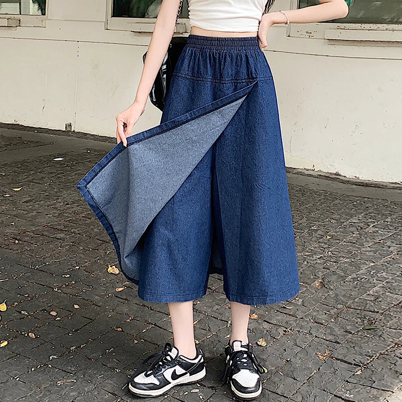 High Waisted Denim Midi Skirt Wrap Style Asymmetrical A Line Skirt Front Overlay Panel Casual Streetwear Vintage Inspired