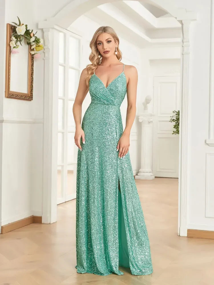 Sequin Maxi Dress – Spaghetti Strap V-Neck Dress with Fitted Bodice, Ruched Waist and High Side Slit for Weddings & Evening Events