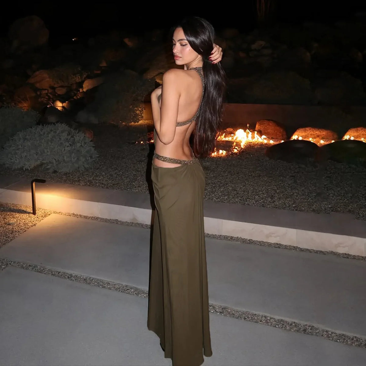 Halter Cutout Maxi Dress – Sleeveless Backless Dress with Strappy Waist Detail, Fitted Bodice and Flowing Floor-Length Skirt for Evening Wear