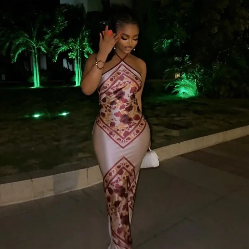 Floral Halter Maxi Dress – Sleeveless White Dress with Geometric Print Panels, Open Back and Elegant Fitted Silhouette