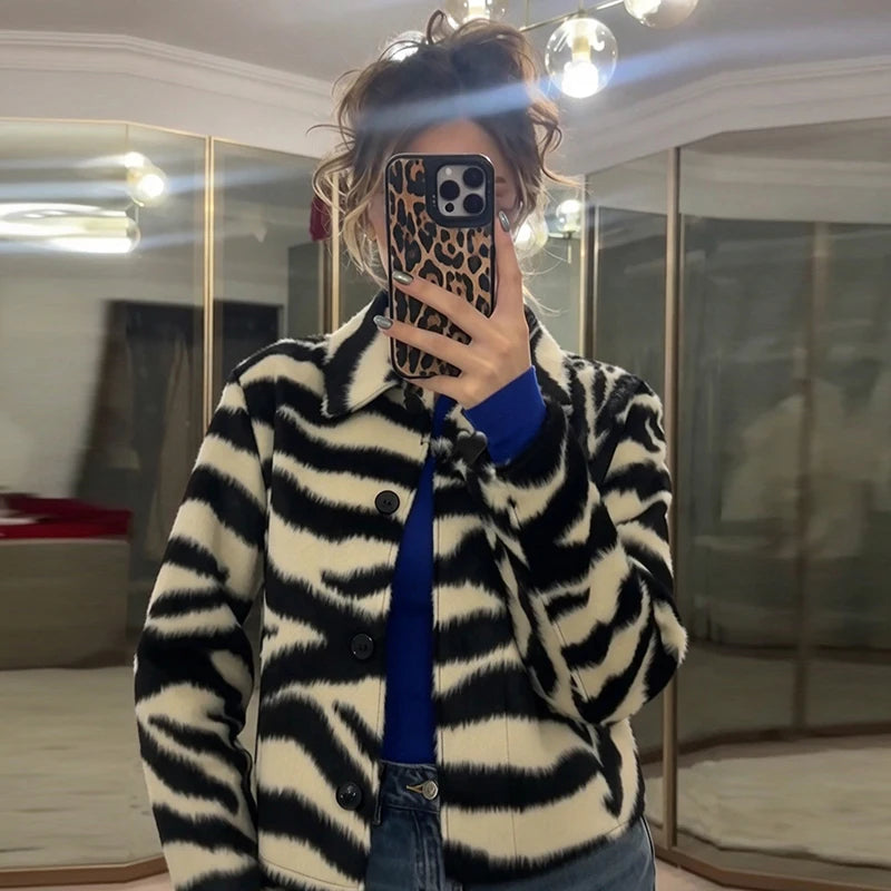 Zebra Print Jacket, Faux Fur Button Front Coat with Classic Collar and Relaxed Fit, Chic Statement Winter Outerwear