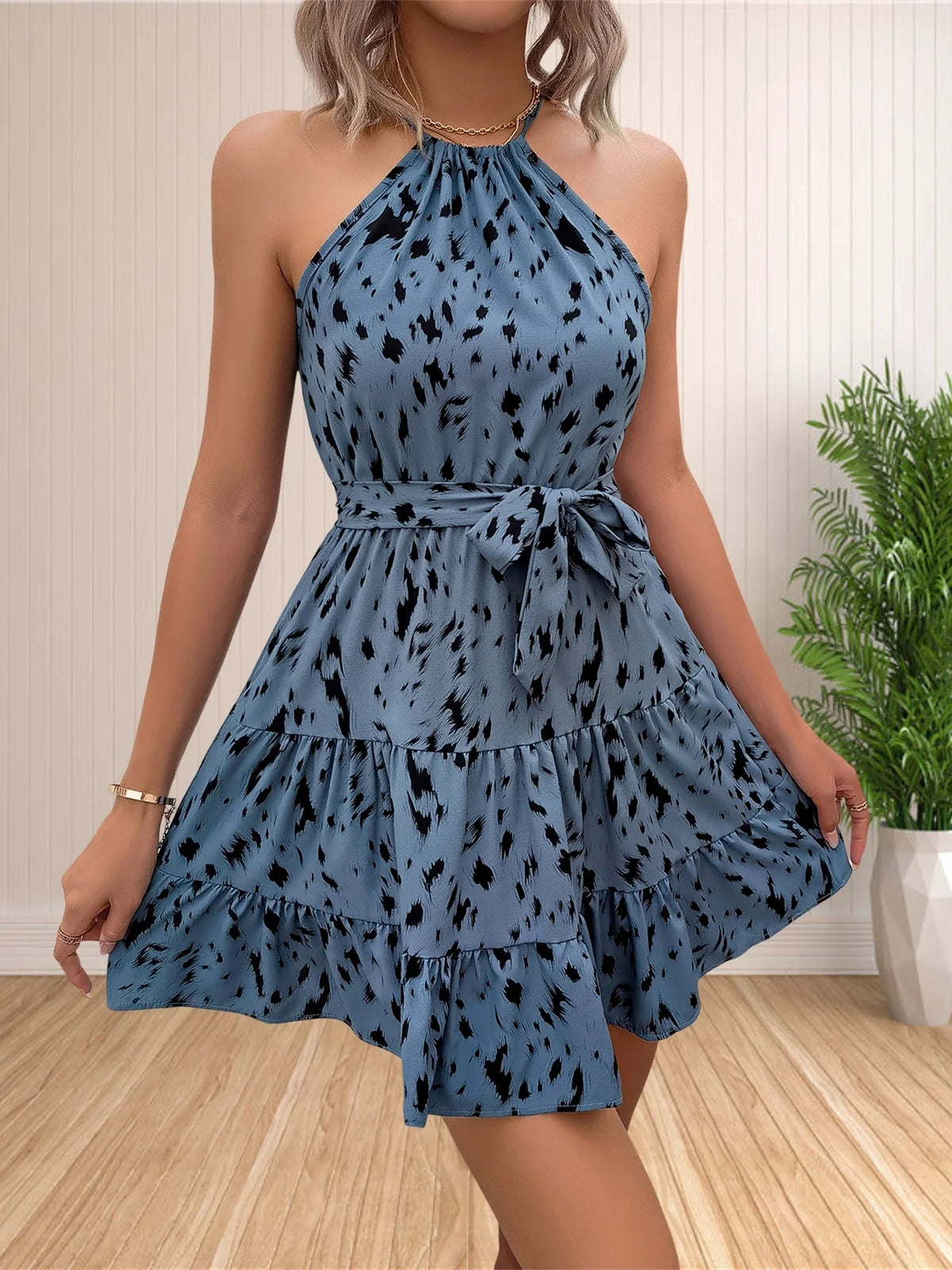 Leopard Print Mini Dress – Sleeveless Halter Neck Fit and Flare Dress with Ruched Waist and Flowy Skirt for Vacations & Summer Parties