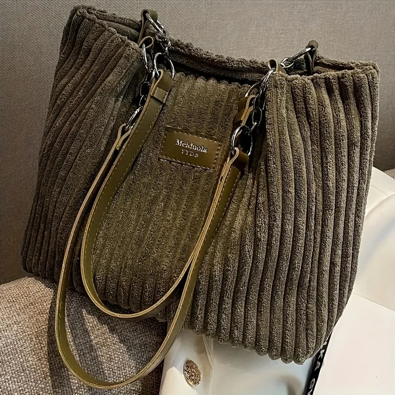 Ribbed Bucket Tote Bag, Casual Shoulder Handbag with Drawstring Closure, Spacious Slouchy Purse with Front Pocket for Shopping & Everyday Use