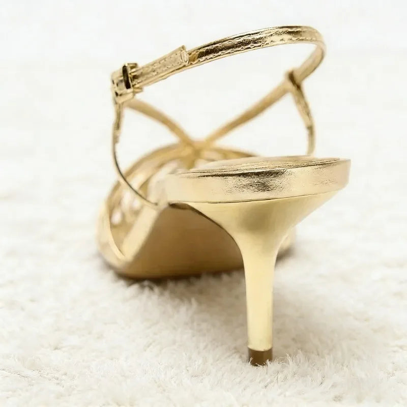 Women's Gold Strappy Pointed Toe Kitten Heel Sandals – Elegant Slingback Dress Shoes for Wedding, Party, Evening & Formal Wear