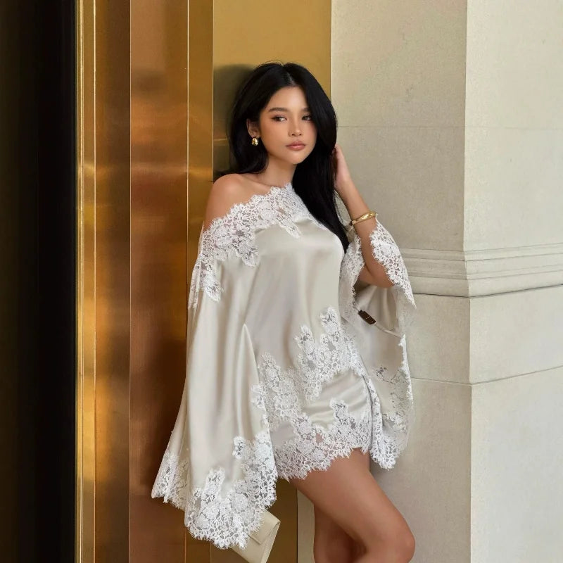 Lace Trim Satin Mini Dress – Off Shoulder Batwing Sleeve Dress with Floral Lace Detail, Relaxed Silhouette and Elegant Party Style