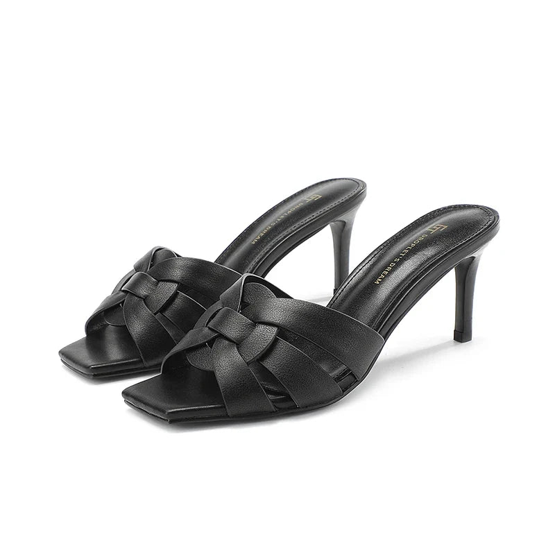 Woven Mule Heels | Strappy Slip-On Stiletto Sandals | Open Toe Dress Shoes