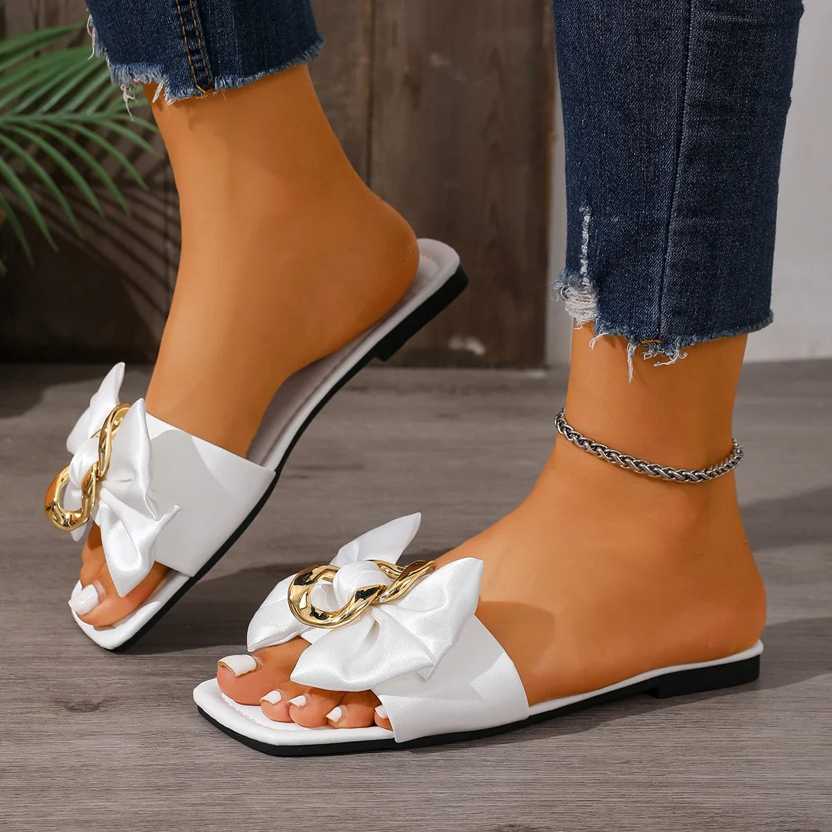 Bow Slide Sandals | Gold Chain Embellished Mules | Elegant Open Toe Summer Dress Shoes