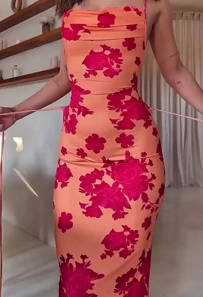 Floral Bodycon Maxi Dress – Spaghetti Strap Square Neck Dress with Fitted Silhouette, Stretch Fabric and Floor-Length Design for Summer