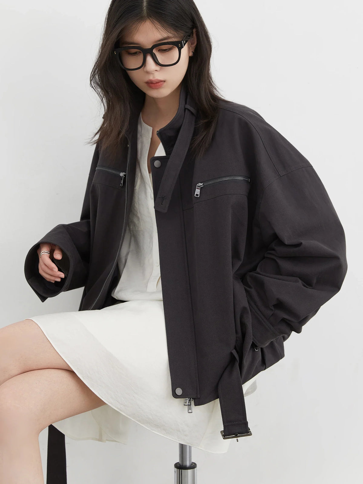 Oversized Utility Jacket, Stand Collar Zip-Up Jacket with Adjustable Waist and Relaxed Fit, Chic Casual Transitional Outerwear