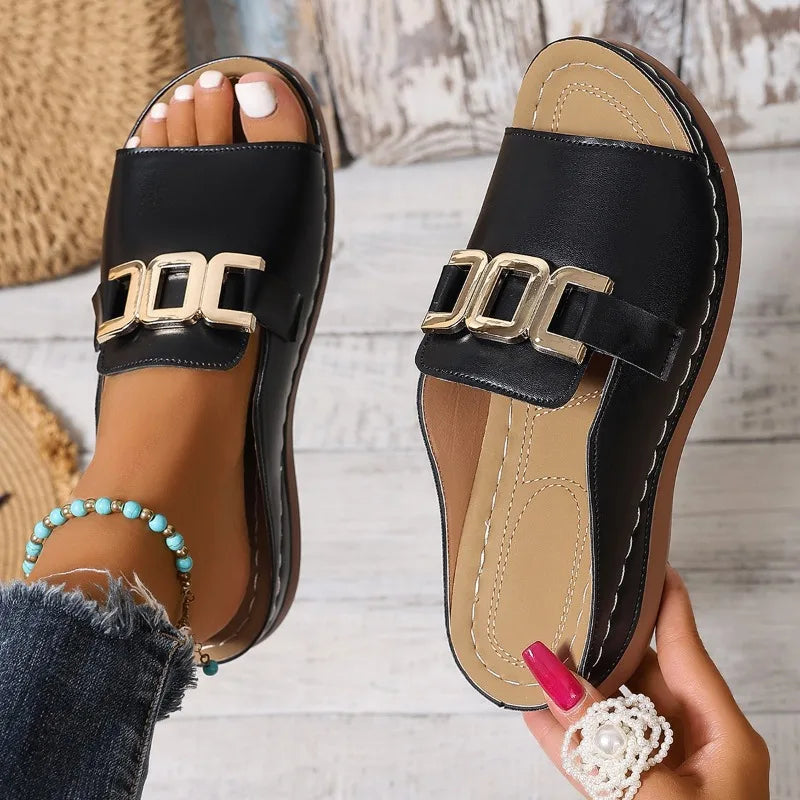 Wedge orthopaedic Mule Sandals | Buckle Embellished Open Toe Shoes | Comfortable Platform Summer Slides