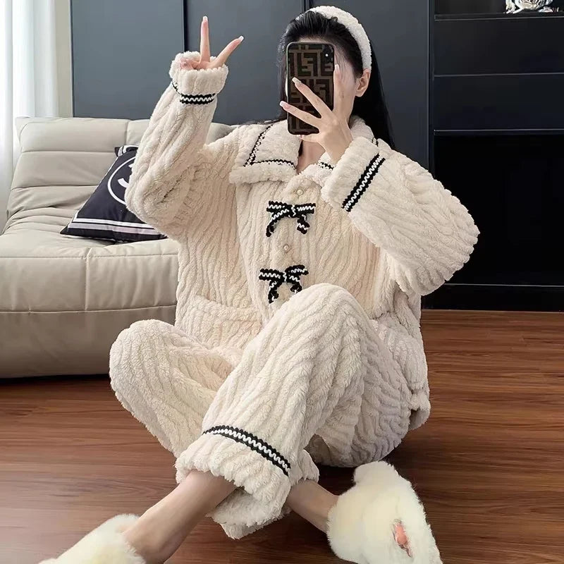 Cable Knit Pajama Set with Button Front Top & Lounge Pants | Cozy Two Piece Sleepwear Outfit | Soft Winter Loungewear Matching Set