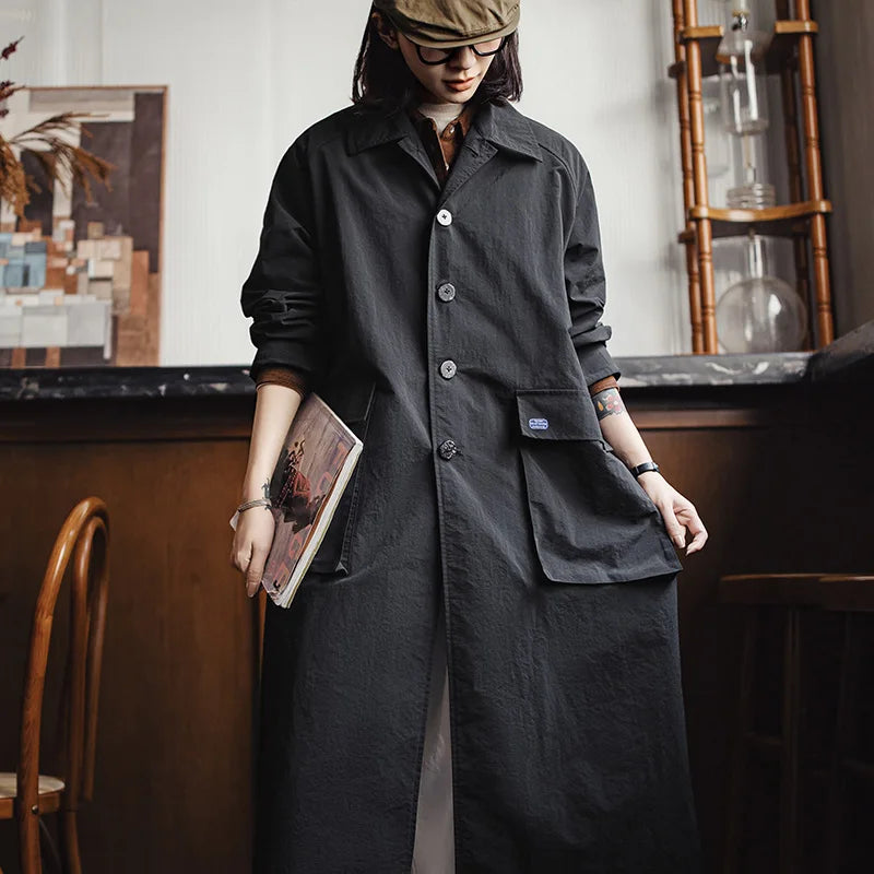 Oversized Longline Shirt Coat, Button Front Utility Jacket with Wide Collar and Large Patch Pockets, Minimalist Casual Outerwear