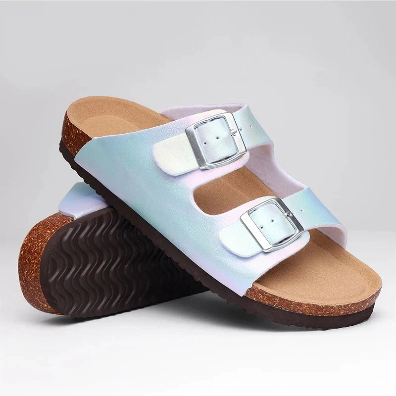 Double Buckle Slide Sandals | Cork Footbed Casual Sandals | Comfortable Open Toe Summer Shoes
