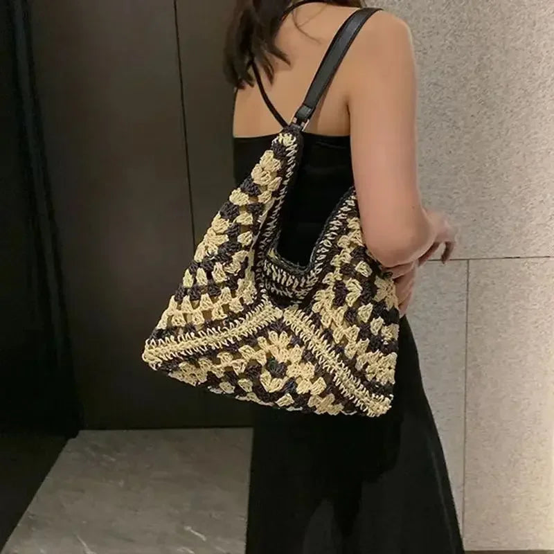 Crochet Hobo Shoulder Bag, Boho Woven Handbag with Geometric Pattern, Slouchy Casual Tote Purse for Beach, Travel & Everyday Use
